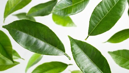 Wall Mural - flying fresh citrus leaves on white background