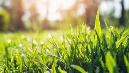 Wall Mural - spring summer background with frame of grass and leaves on nature juicy lush green grass on meadow in morning sunny light outdoors copy space soft focus defocus background