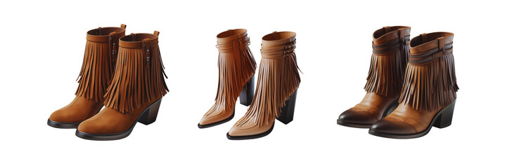 Wall Mural - Set of Fringe Ankle Boots, illustration, isolated over on transparent white background