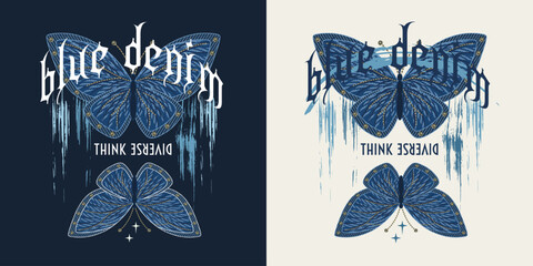 Wall Mural - Denim label with blue butterfly, smudged, smeared paint, text with gothic letters. Grunge style. For clothing, t shirt, surface design.