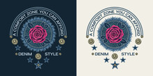 Circular Label With Denim Patch With Fringe, Pink Rose, Jeans Buttons, Stars, Text. Design Element In Vintage Style. For Clothing, T Shirt, Surface Design.