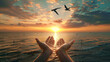 Worshippers raise open palms, mirroring birds gliding above serene sunset waters