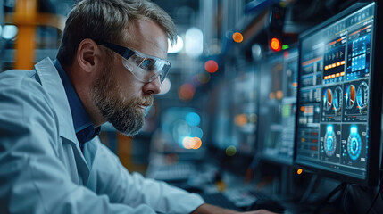 Fototapete - An engineer monitoring a sophisticated AI dashboard showing real-time data and predictive analytics from various sensors on industrial machinery. Generative AI.