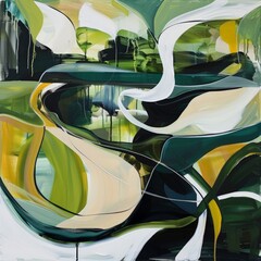 Wall Mural - A vibrant abstract painting featuring a mix of green and yellow colors, creating a dynamic and energetic composition