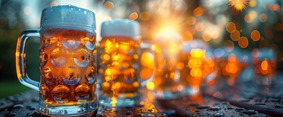 Wall Mural - A close-up shot of a frosty beer mug held aloft against the backdrop of a dazzling fireworks show, the effervescent bubbles illuminated by the bursts of color in the sky