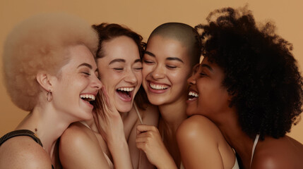 Poster - diverse group of five joyful young women are tightly huddled together