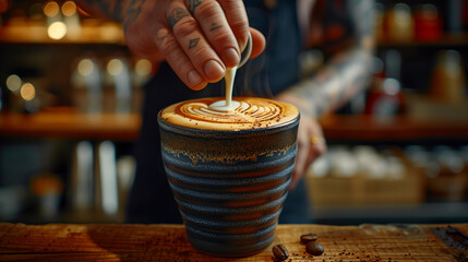 Wall Mural - Barista pouring milk into coffee