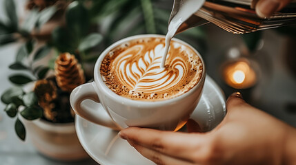 Wall Mural - Barista pouring milk into coffee