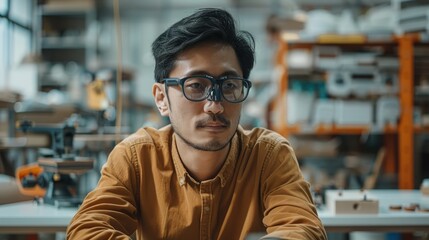 Aufkleber - Asian industrial designer wearing high-tech smart glasses, sits at a modern high-tech workbench. Generative AI.