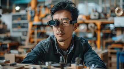 Aufkleber - Asian industrial designer wearing high-tech smart glasses, sits at a modern high-tech workbench. Generative AI.
