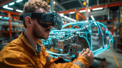 Aufkleber - Industrial automotive production and an engineer using VR glasses to observe the mechanical part of a car. Generative AI.