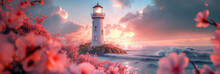 Lighthouse And Pink Flowers. Scenery