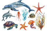 Fototapeta Dziecięca - Hand drawn watercolor sea animals illustration with octopus, ocean fish, turtle, whale, jellyfish, starfish on white background