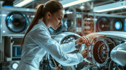 Aufkleber - Female engineer is fitting a futuristic car body part in a futuristic laboratory. Generative AI.
