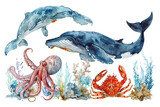Fototapeta Dziecięca - Hand drawn watercolor sea animals illustration with octopus, ocean fish, turtle, whale, jellyfish, starfish on transparent background