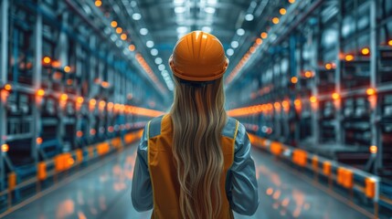 Aufkleber - An industrial worker woman with a hard hat and equipment is looking at a digital warehouse design, in the style of global illumination. Generative AI.