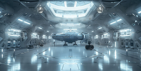Poster - A large hangar on the space station. The hangar has two floors and houses one spaceship. Generative AI.