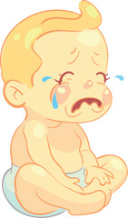 Sticker - Crying toddler character. Cartoon sad unhappy baby