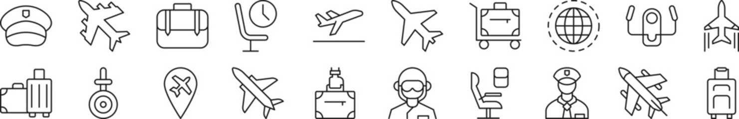 Poster - set of line icons of pilot. editable stroke. simple outline sign for web sites, newspapers, articles
