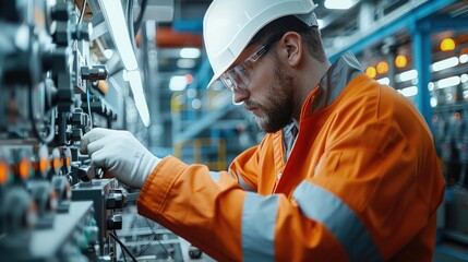 Fototapete - Maintenance worker with orange overalls and white hard hat working on high tech equipment. Generative AI.