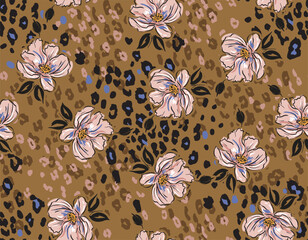 Wall Mural - Modern and Trendy Hand drawn blooming flower with Leopard animal skin Seamless pattern