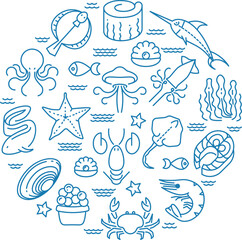 Poster - Seafood doodle icons in round shape. Water fauna