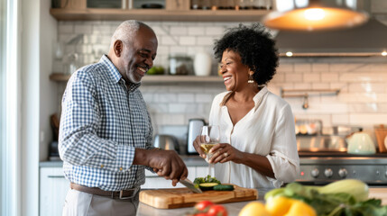 Poster - elderly couple is joyfully preparing food together in a modern kitchen.