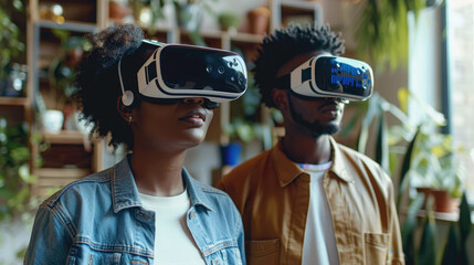 Poster - Portrait of Two Diverse Developers Using VR glasses. Male and Female. Generative AI.