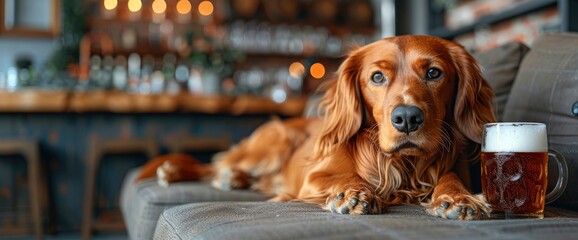 Wall Mural - A regal Irish Setter standing proudly amidst a field of clovers, with a rainbow stretching across the sky and a beer mug at its paws, celebrating St. Patrick's Day