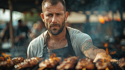 Wall Mural - Portrait of a man rustic barbecue chef, grilling. Generative AI.