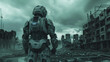 Cybernetic Soldier, Stealth Armor, Enhanced human, scavenging through decaying city ruins, under dark, stormy sky 