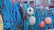 Industrial Fishing Equipment Buoy Anchor Nylon Rope Metal Hook at Fishery Port Harbor