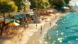 wide angle macro photography, miniature view of a popular coastal beach with boutiques