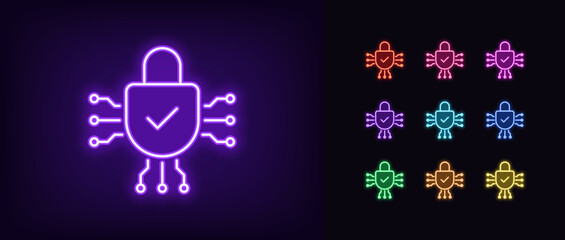 Wall Mural - Outline neon digital lock icon set. Glowing neon digital lock with tick sign. Reliable cyber security, digital data protection, safety policy, secure service, cyber guard technology. Vector icon set