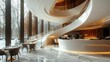 A round plan restaurant in modern luxury style in double volume building with curved staircase. Generative AI.