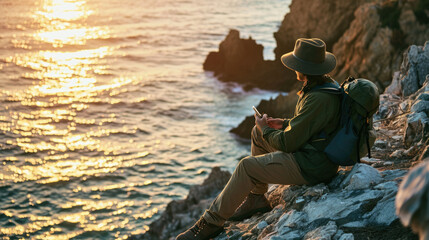 Poster - Traveler is sitting on a rocky cliff, reading a book with a serene sunset over the sea in the background