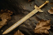 Majestic Ancient Relic Sword Gold. Handle Metal Knife Battle Steel. Generate Ai
