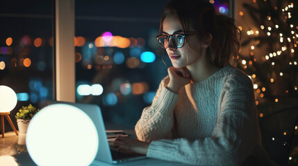 Sticker - Young woman is focused on working on her laptop in a modern office