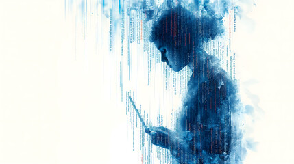 Double exposure of woman using tablet computer and binary code