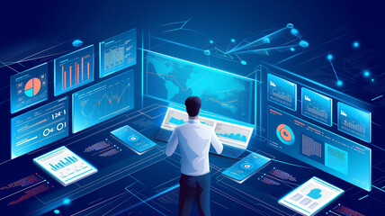A computer technician and software analyst programming a computer for a sales and marketing business while on the internet, stock illustration image