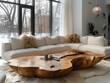 Rustic live edge tree stump accent coffee table near white corner sofa. Scandinavian home interior