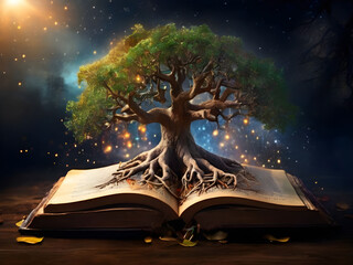 Book of life, knowledge, wisdom - old tree and its roots on open pages of a magic book