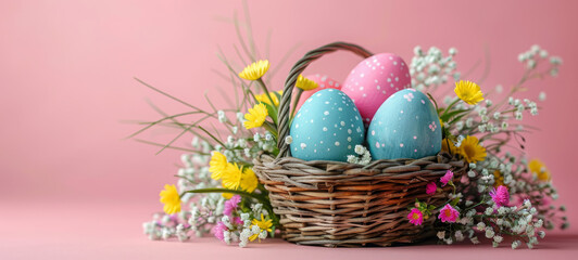 Wall Mural - Easter holiday celebration banner greeting card banner with easter eggs and flowers on a pink background