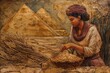 Hieroglyphic Ancient egyptian pyramid cute woman. Travel old sand. Generate Ai