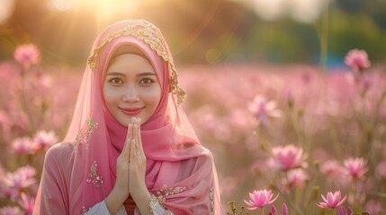 Radiant asian muslim woman smiling, wishing eid mubarak, defocused background with copy space