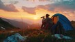 Couple camping and looking through telescope mountain peaks in summer evening at sunset on mountain outdoor, constellation tours, astro holidays, night sky guides, astrophotography