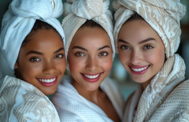 Wall Mural - Three happy women with towel head wraps smiling for camera