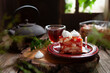 Sweet fresh homemade tiramisu dessert with blood orange confit