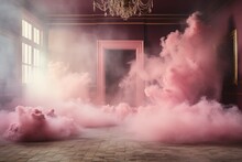 Abandoned Luxurious Dark Red Hall Full Of Pink Smoke, With A Large Window, A Crystal Chandelier And A Pink Doorway
