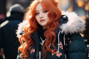 Portrait of a Young Woman with Orange Hair, Blue Eyes, and Black Fur-Trimmed Jacket.